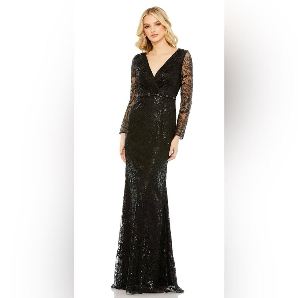 Mac Duggal 68016 evening dress long sleeve v-neck beaded waist size 12